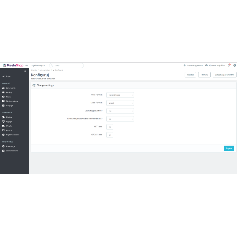 Cenna netto i brutto na stronie produktu Prestashop