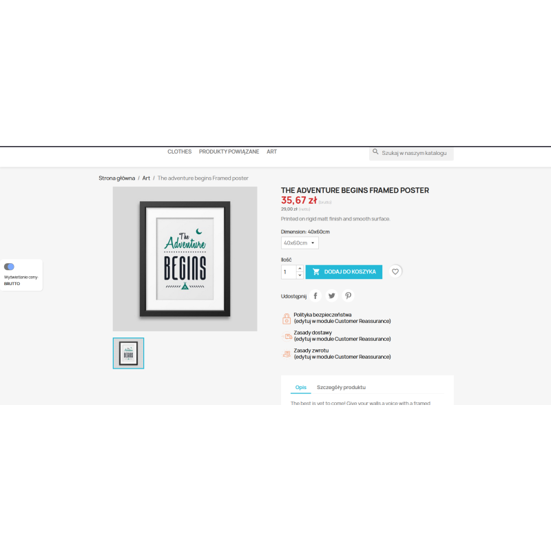 Cenna netto i brutto na stronie produktu Prestashop